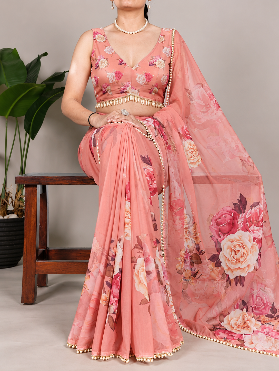 Peach Floral Georgette Saree with Stitched Blouse