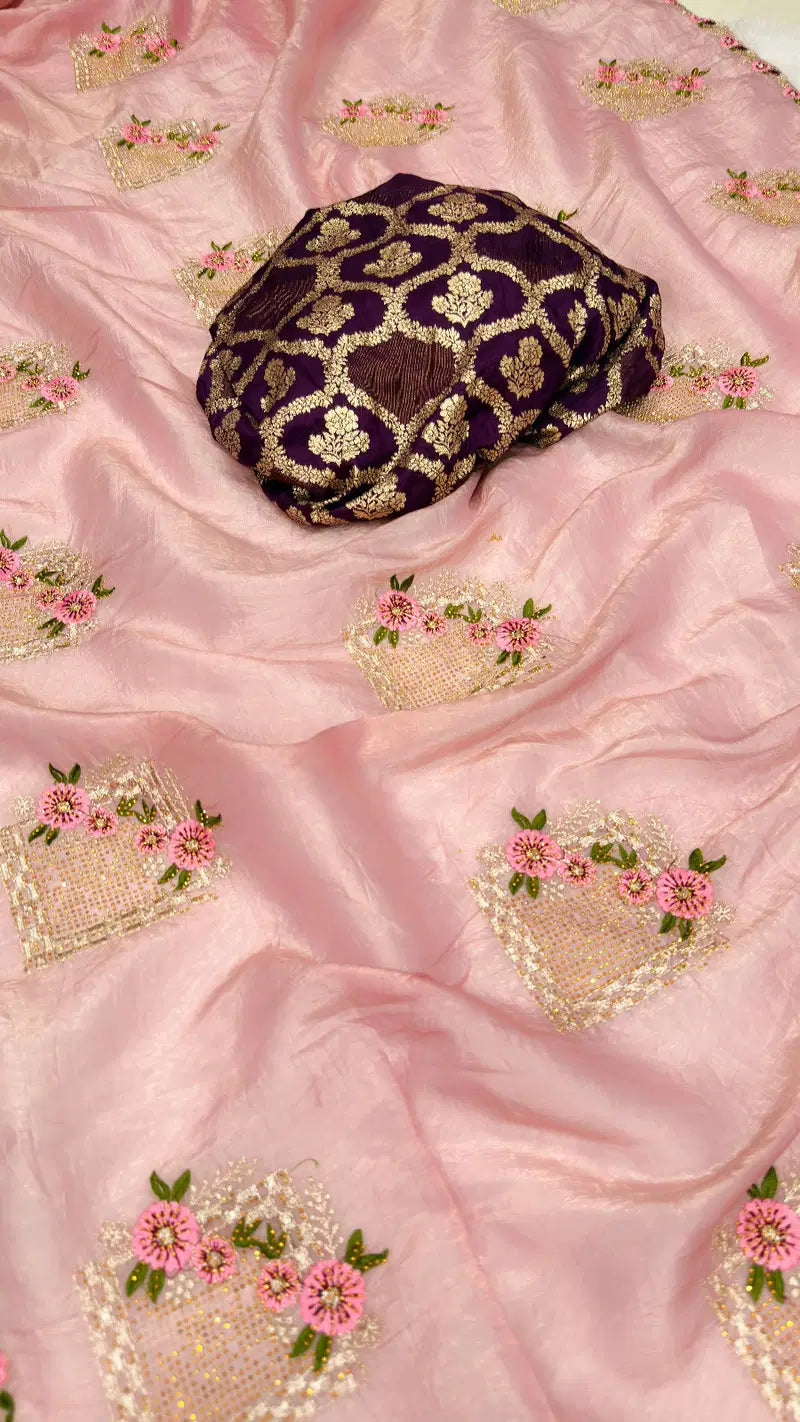Uma Premium Crush Silk Embroidered Saree Set - Blush Pink