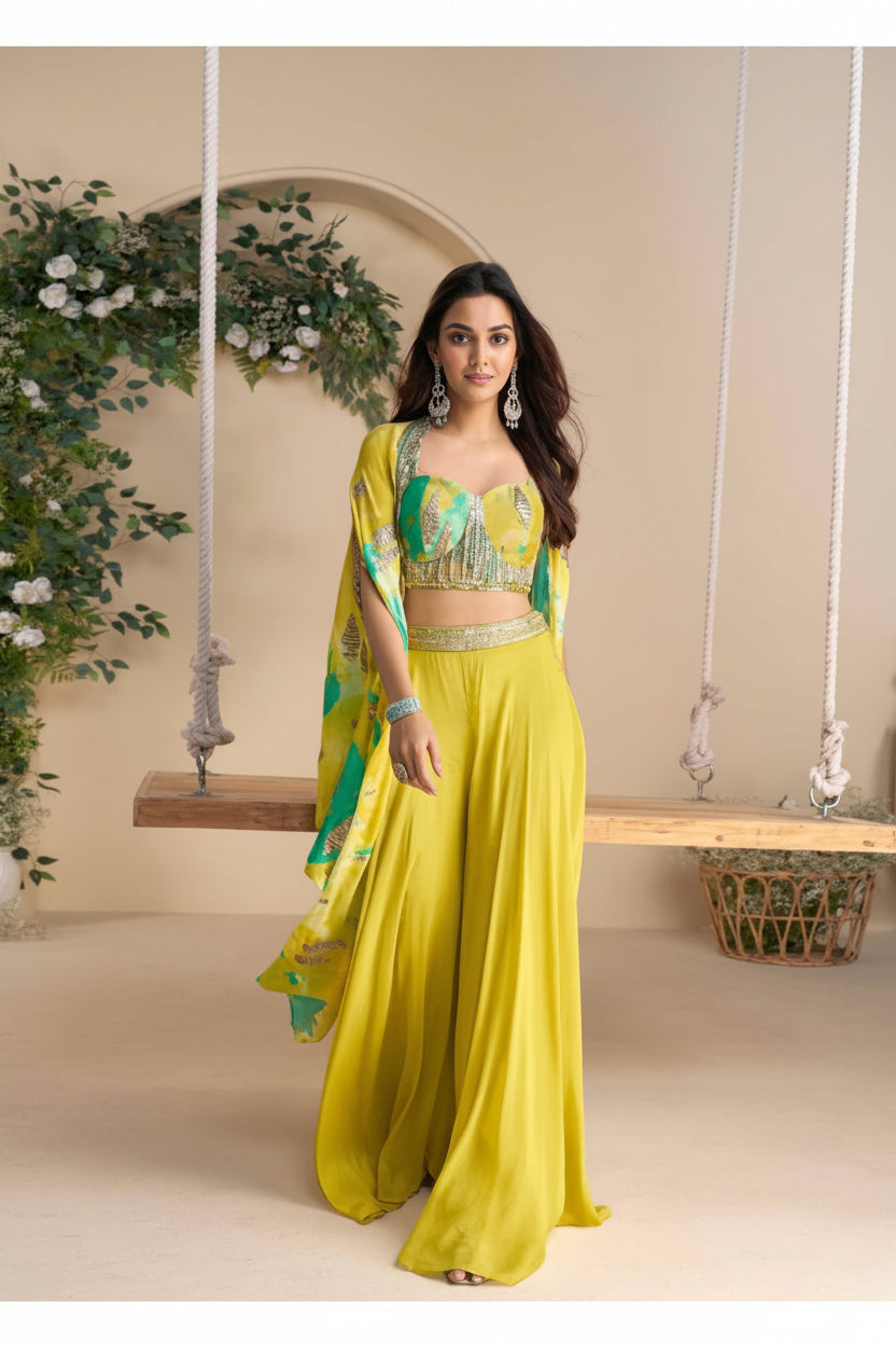 Sunlit Chartreuse Gold| Chinon Silk Indo-Western Set