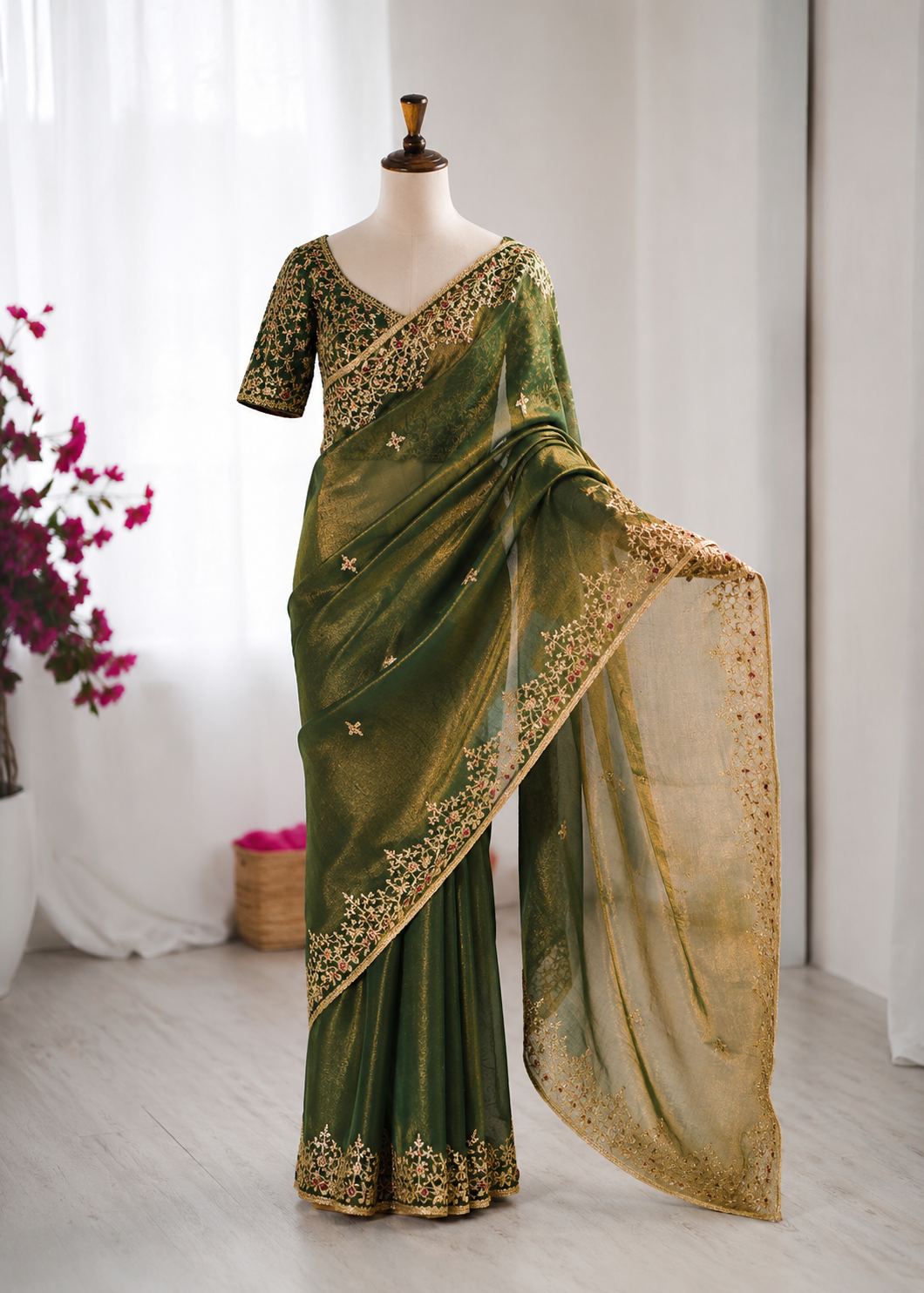 Meher Royal Olive Gold Fendy Chiffon Embroidered Saree Set