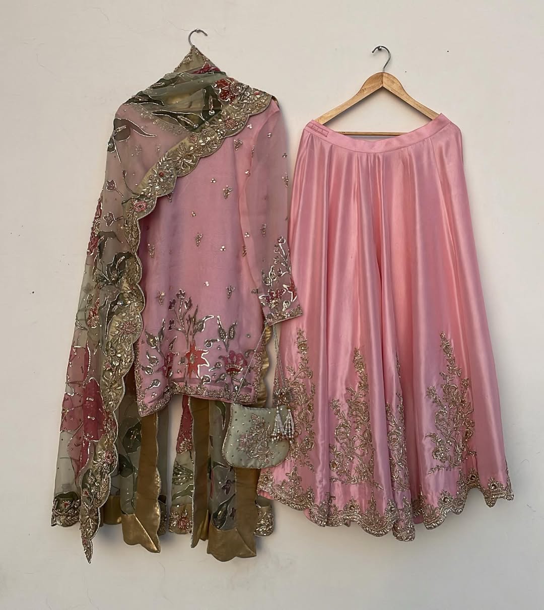 Blush Rose Hand-Painted Raw Silk Gharara Set with Tissue Silk Dupatta