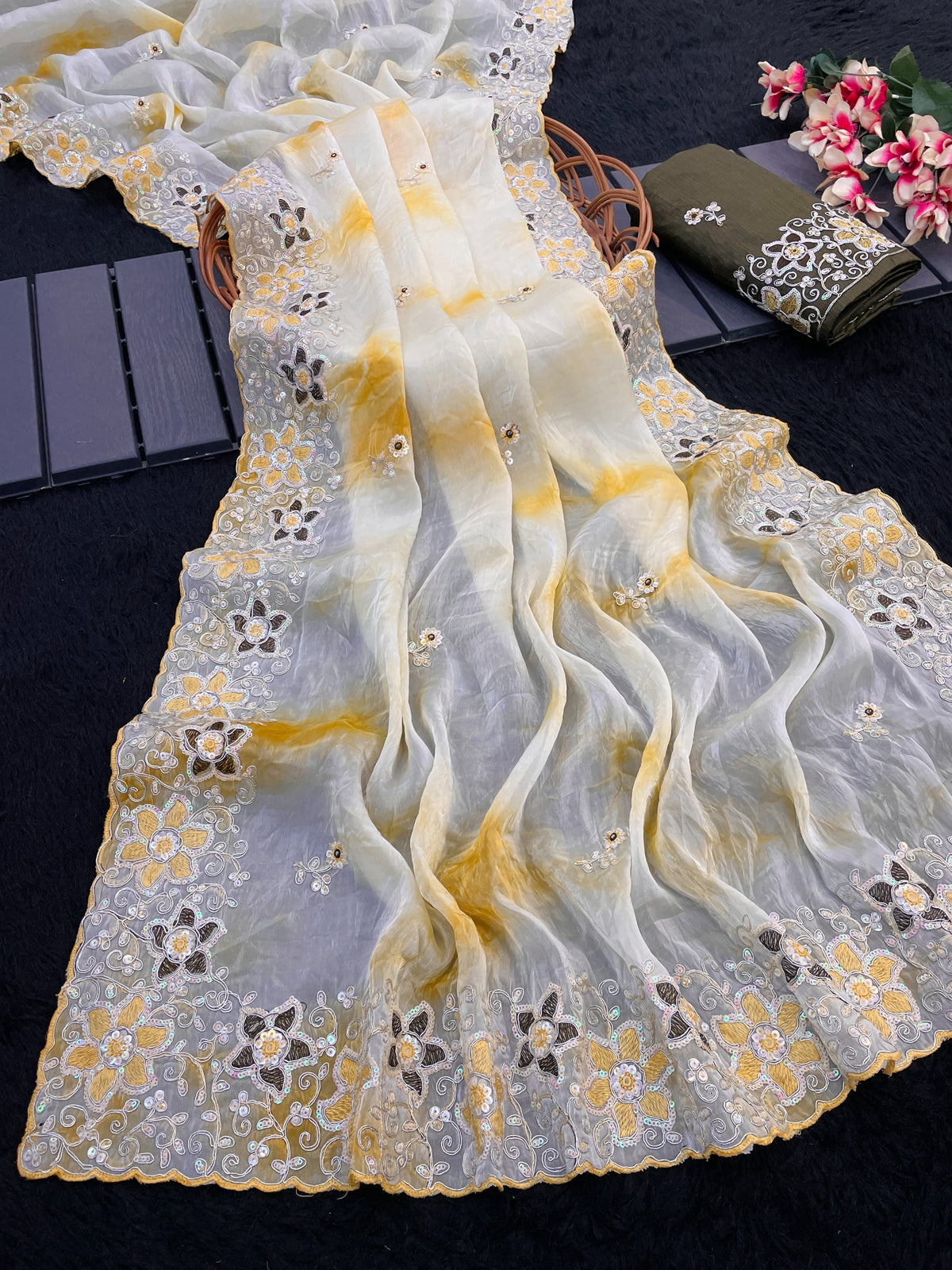 Aarohi Gold Crush Embroidered Saree Set-Yellow