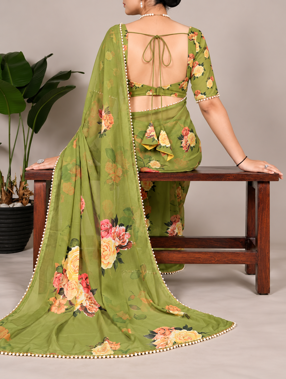 Olive Green Floral Georgette Saree with Stitched Blouse