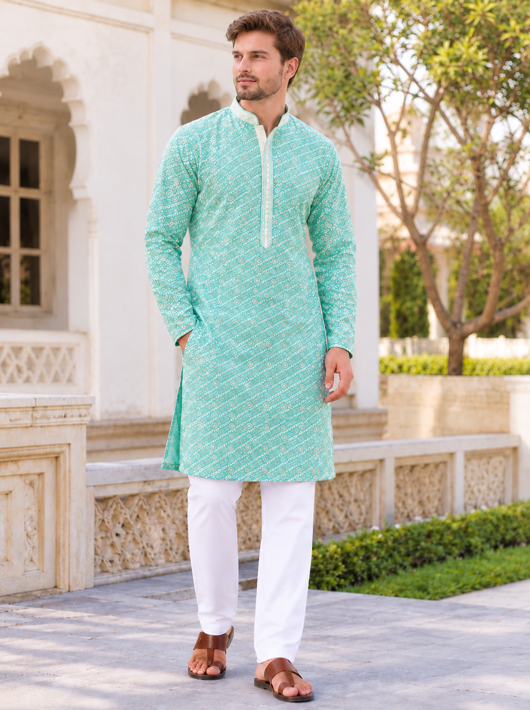 Aqua Men’s Chikankari Schiffli Kurta Pyjama Set