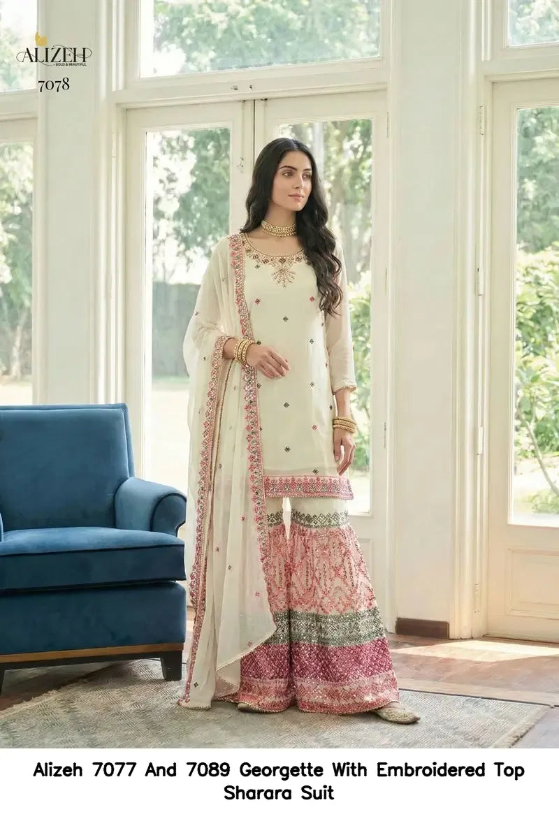 Alizeh 7077 And 7089 Georgette With Embroidered Top Sharara Suit