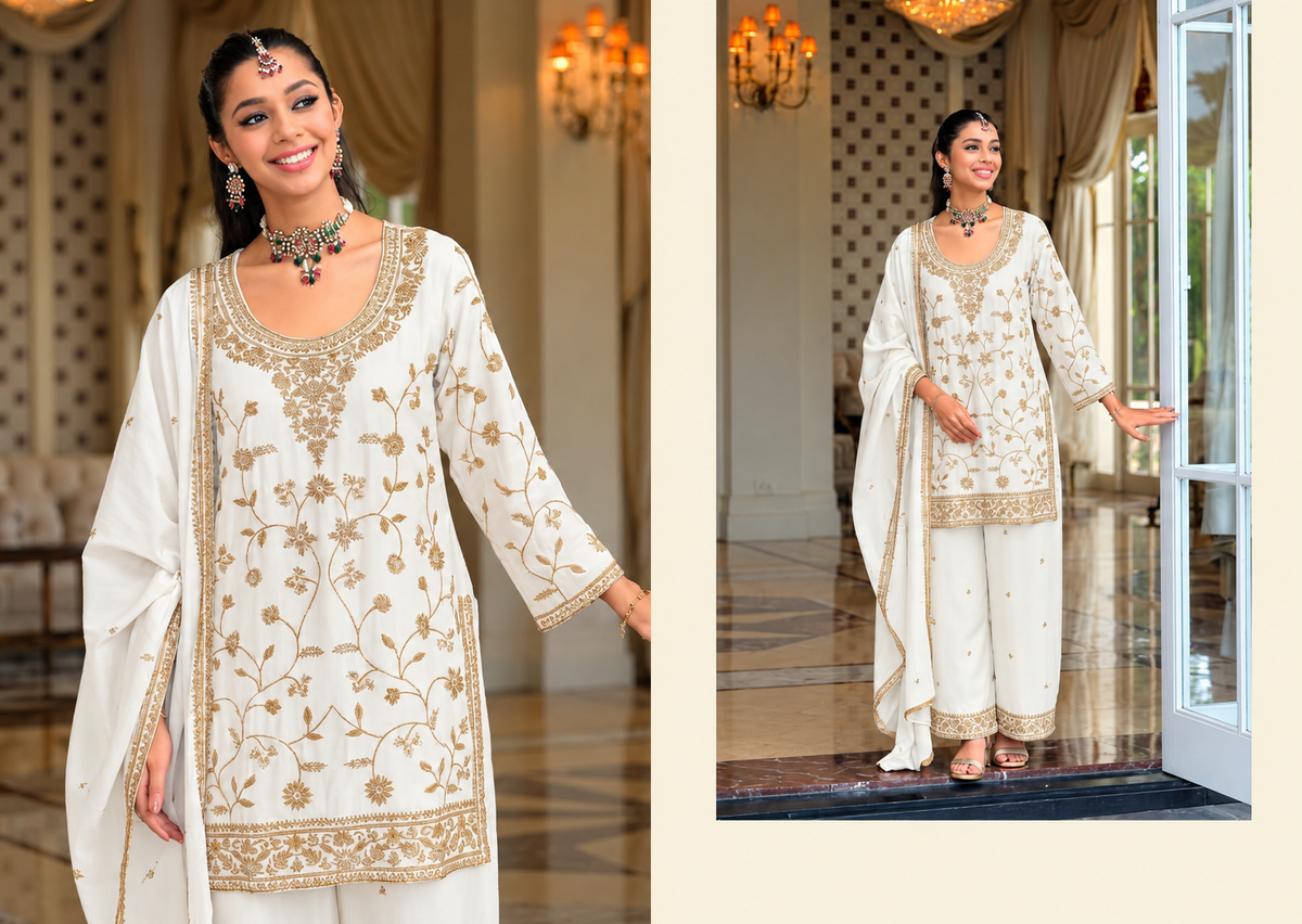 White 90s-Inspired Chinon Kurta Palazzo Set