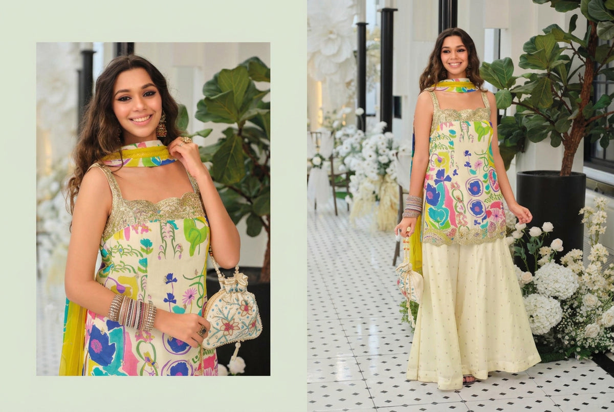 90s-Inspired Floral Chinon Kurta Palazzo Set