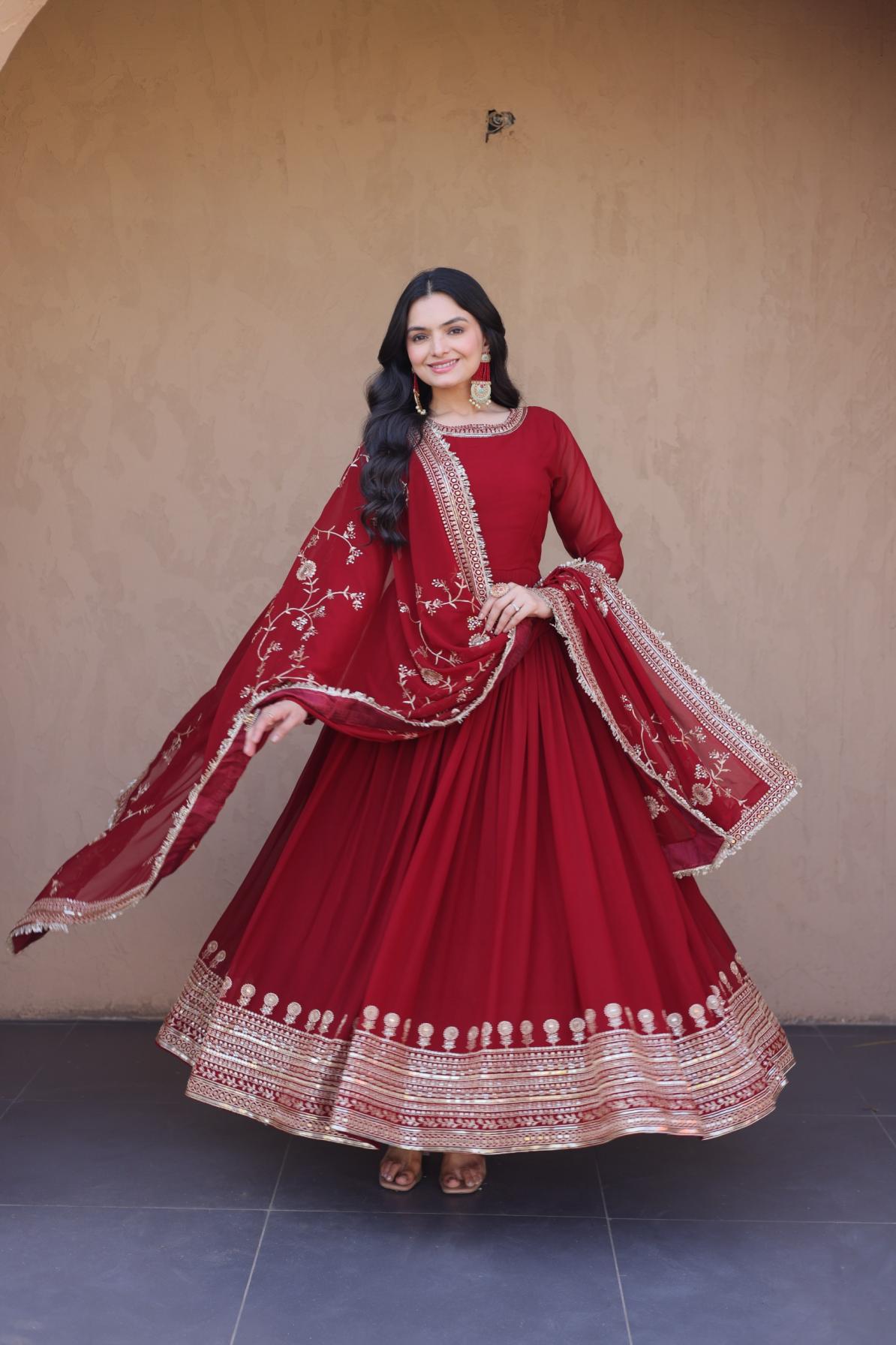 Embroidered Faux Blooming Anarkali Gown with Dupatta