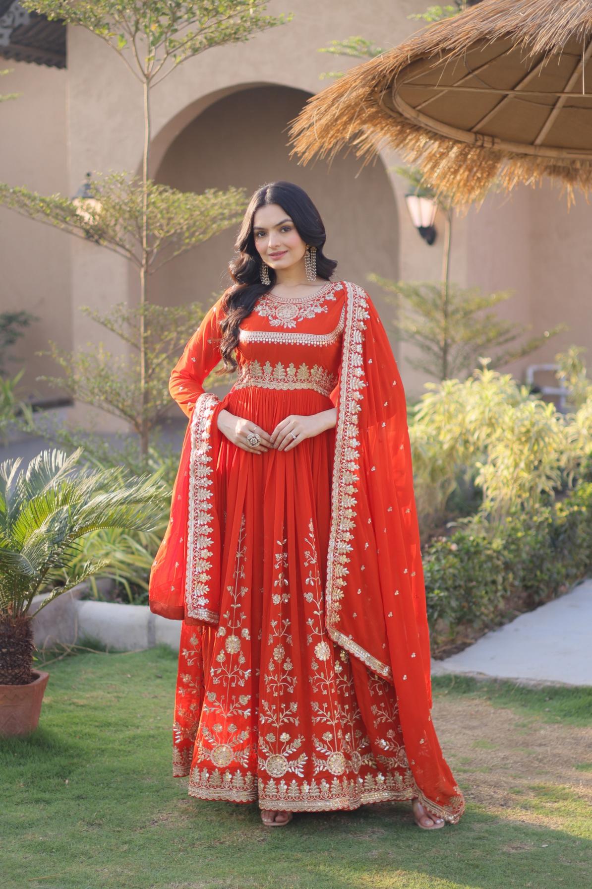 Vermillion Red Embroidered Georgette Gown with Dupatta