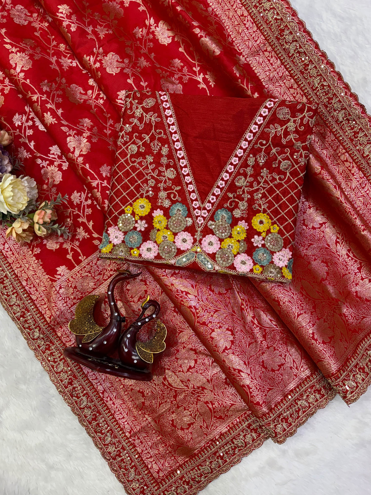 Red Banarasi Jacquard Silk Embroidered Saree Set