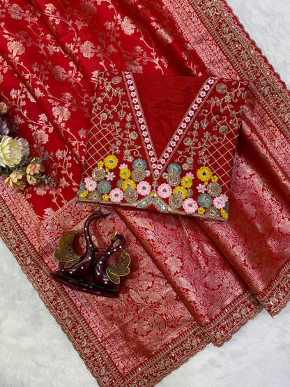 Red Banarasi Jacquard Silk Embroidered Saree Set