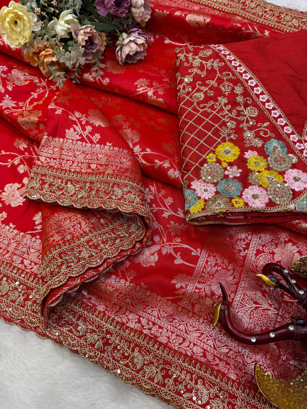 Red Banarasi Jacquard Silk Embroidered Saree Set