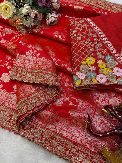 Red Banarasi Jacquard Silk Embroidered Saree Set