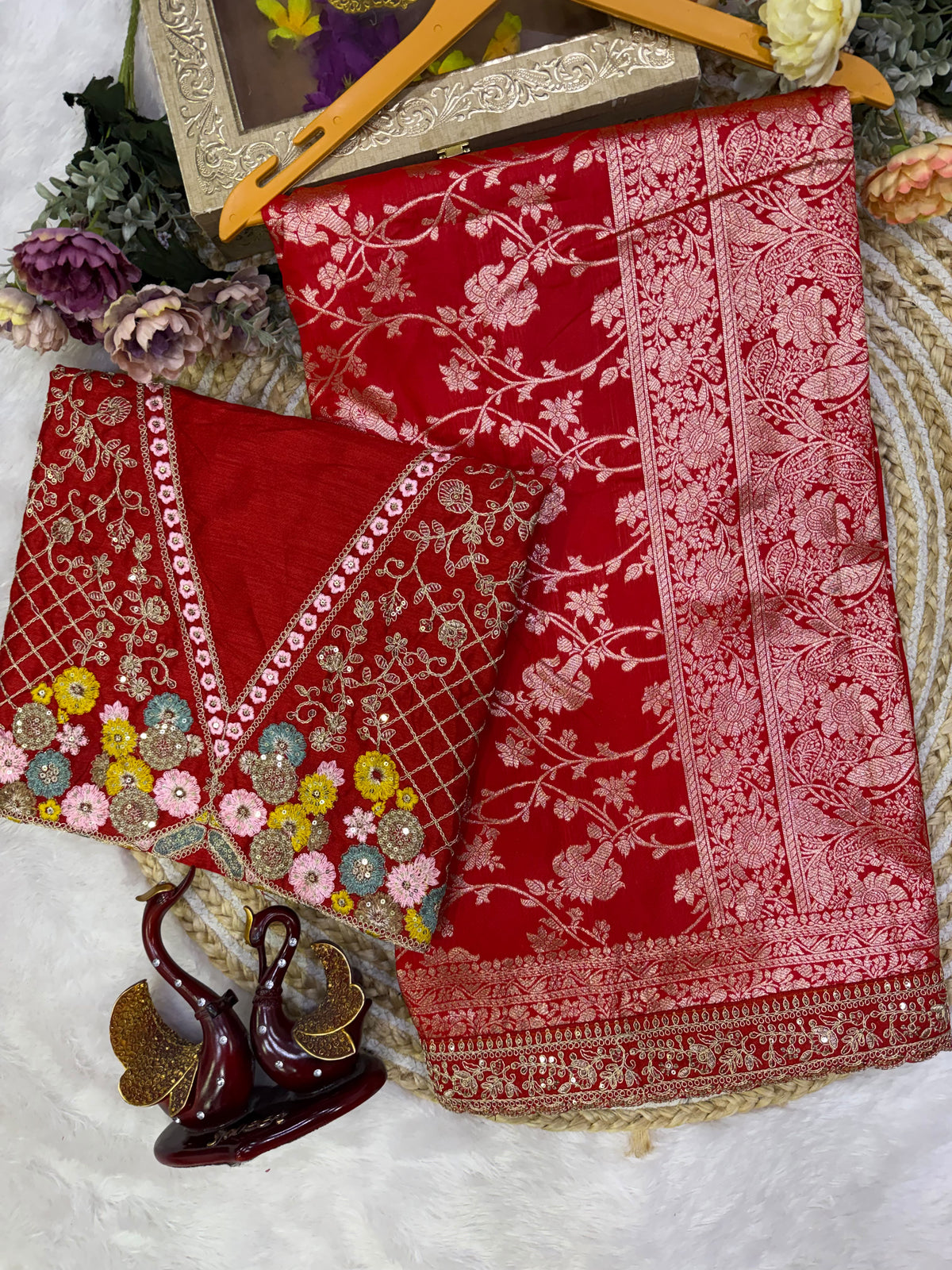 Red Banarasi Jacquard Silk Embroidered Saree Set