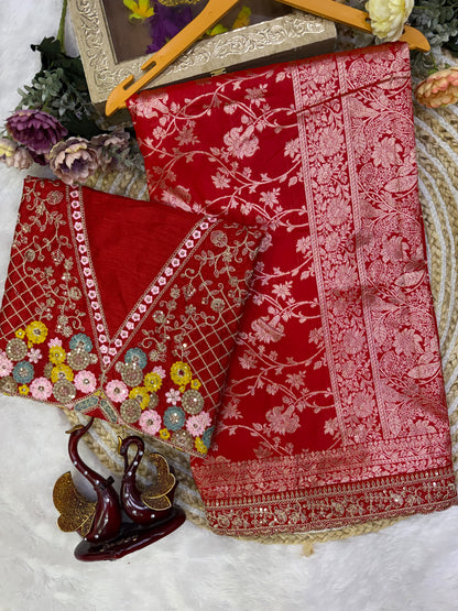 Red Banarasi Jacquard Silk Embroidered Saree Set