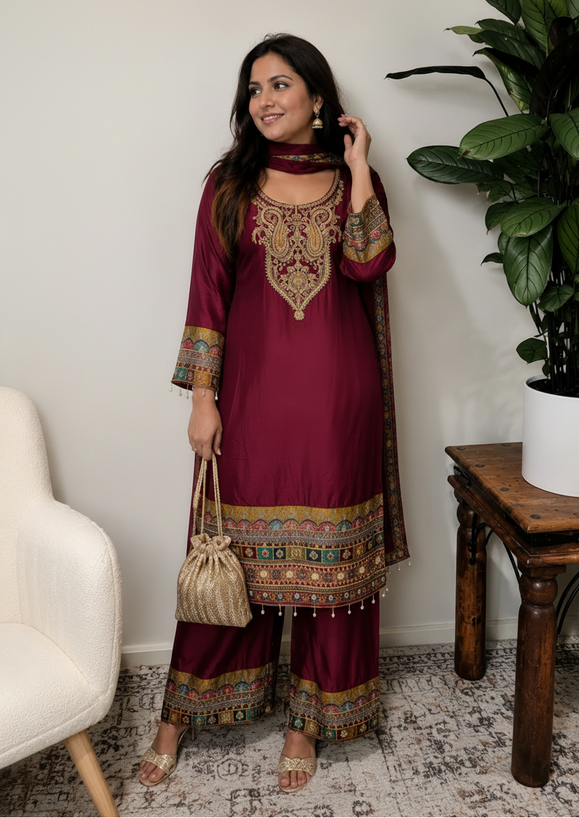 Maroon Royale Zari Embroidered Palazzo Set