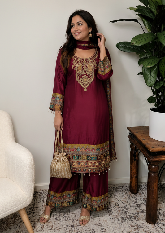Maroon Royale Zari Embroidered Palazzo Set