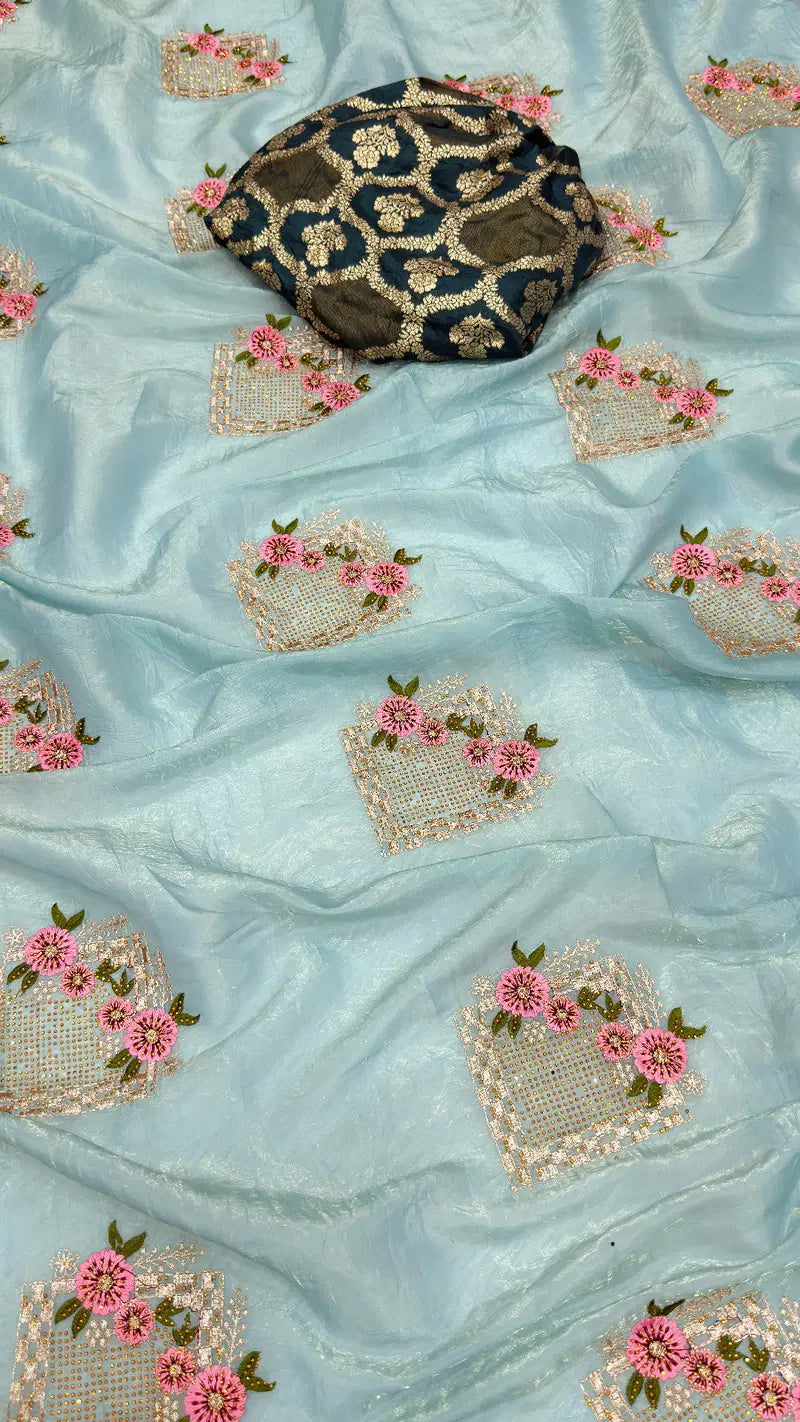 Uma Premium Crush Silk Embroidered Saree Set - Blue