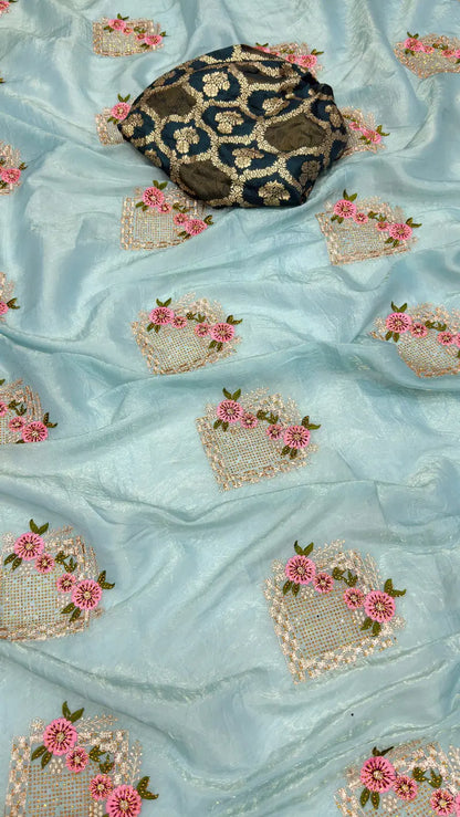 Uma Premium Crush Silk Embroidered Saree Set - Blue