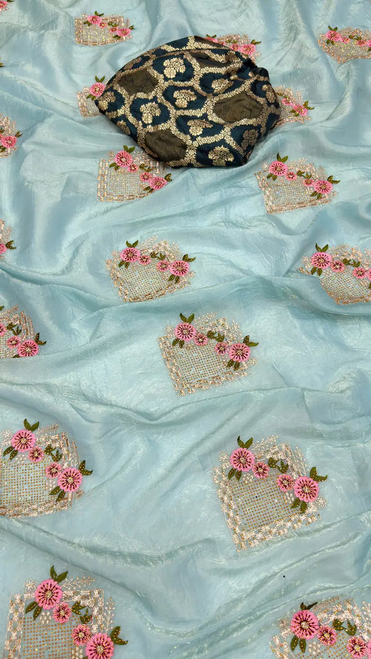 Uma Premium Crush Silk Embroidered Saree Set - Blue