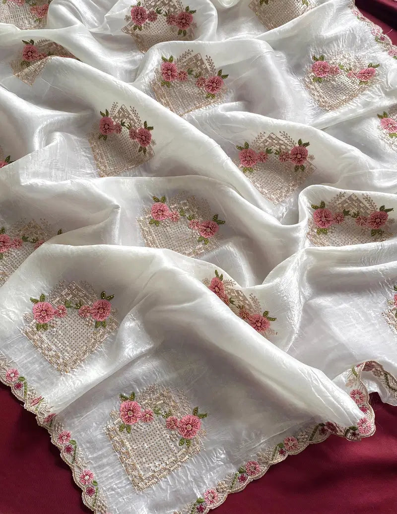 Uma Premium Crush Silk Embroidered Saree Set - White