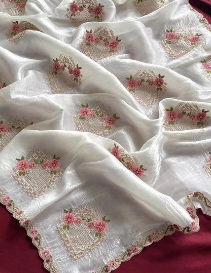 Uma Premium Crush Silk Embroidered Saree Set - White