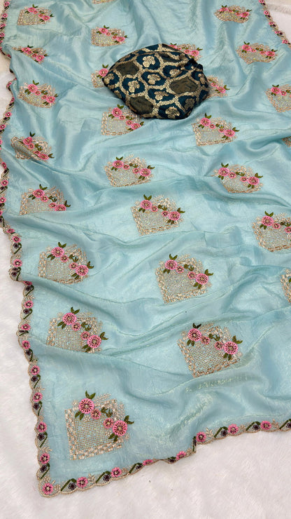 Uma Premium Crush Silk Embroidered Saree Set - Blue