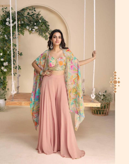 Peach Blush Luxe Set | Chinon Silk Indo-Western Set