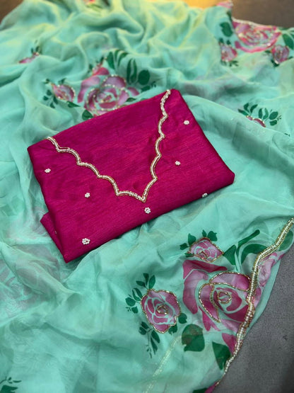Elara Blossom Soft Organza Saree Set