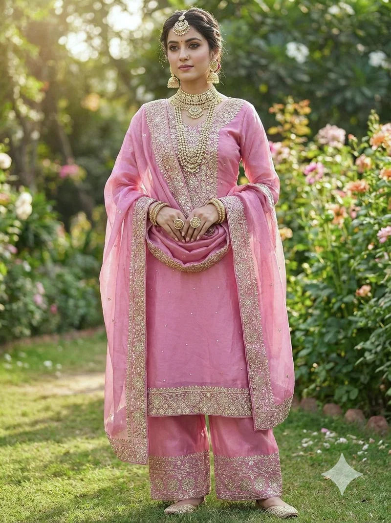 Rose Noor Fendy Silk Embroidered Palazzo Set