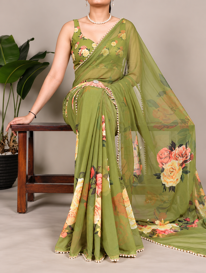 Olive Green Floral Georgette Saree with Stitched Blouse