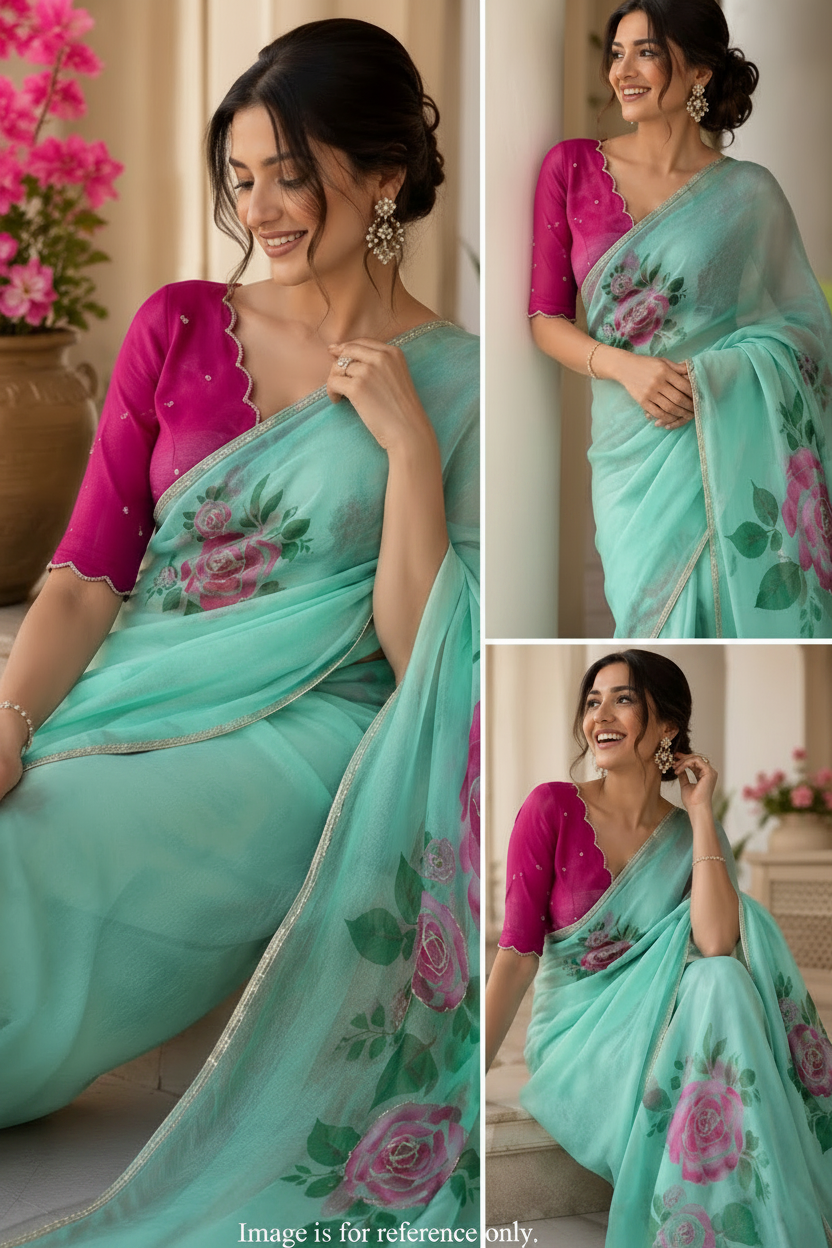 Elara Blossom Soft Organza Saree Set