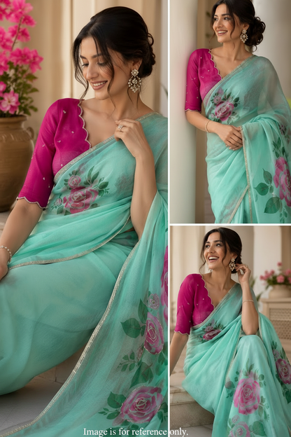 Elara Blossom Soft Organza Saree Set