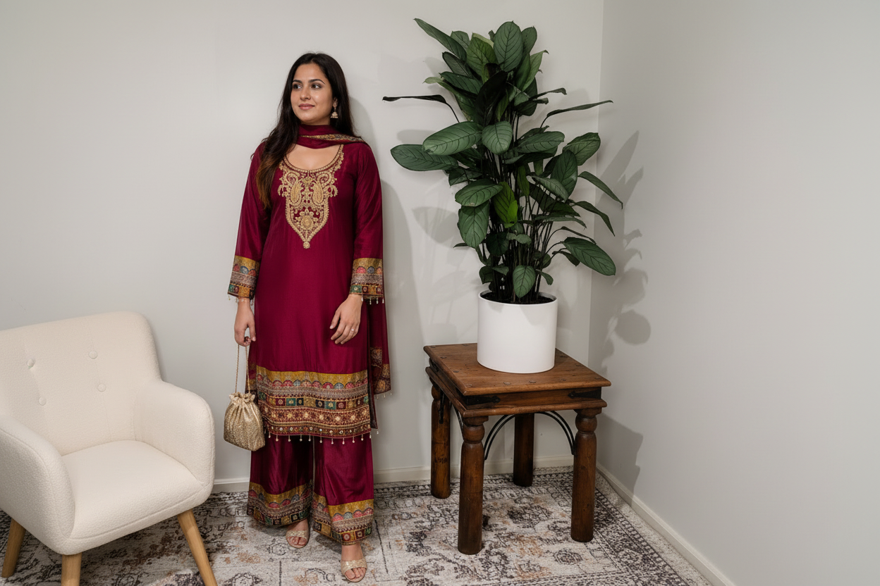 Maroon Royale Zari Embroidered Palazzo Set