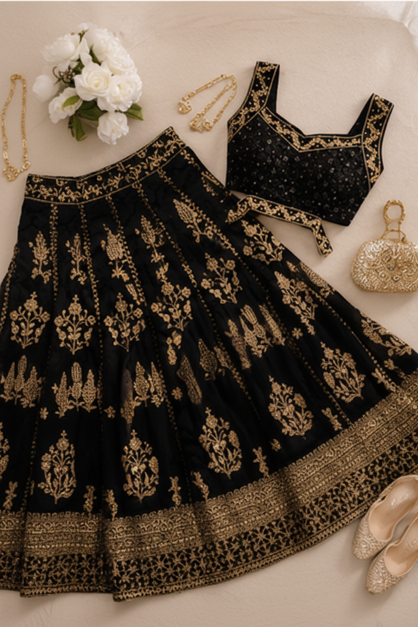 Zareen Noir Luxury Lehenga Set | Premium Black Embroidered Lehenga Australia