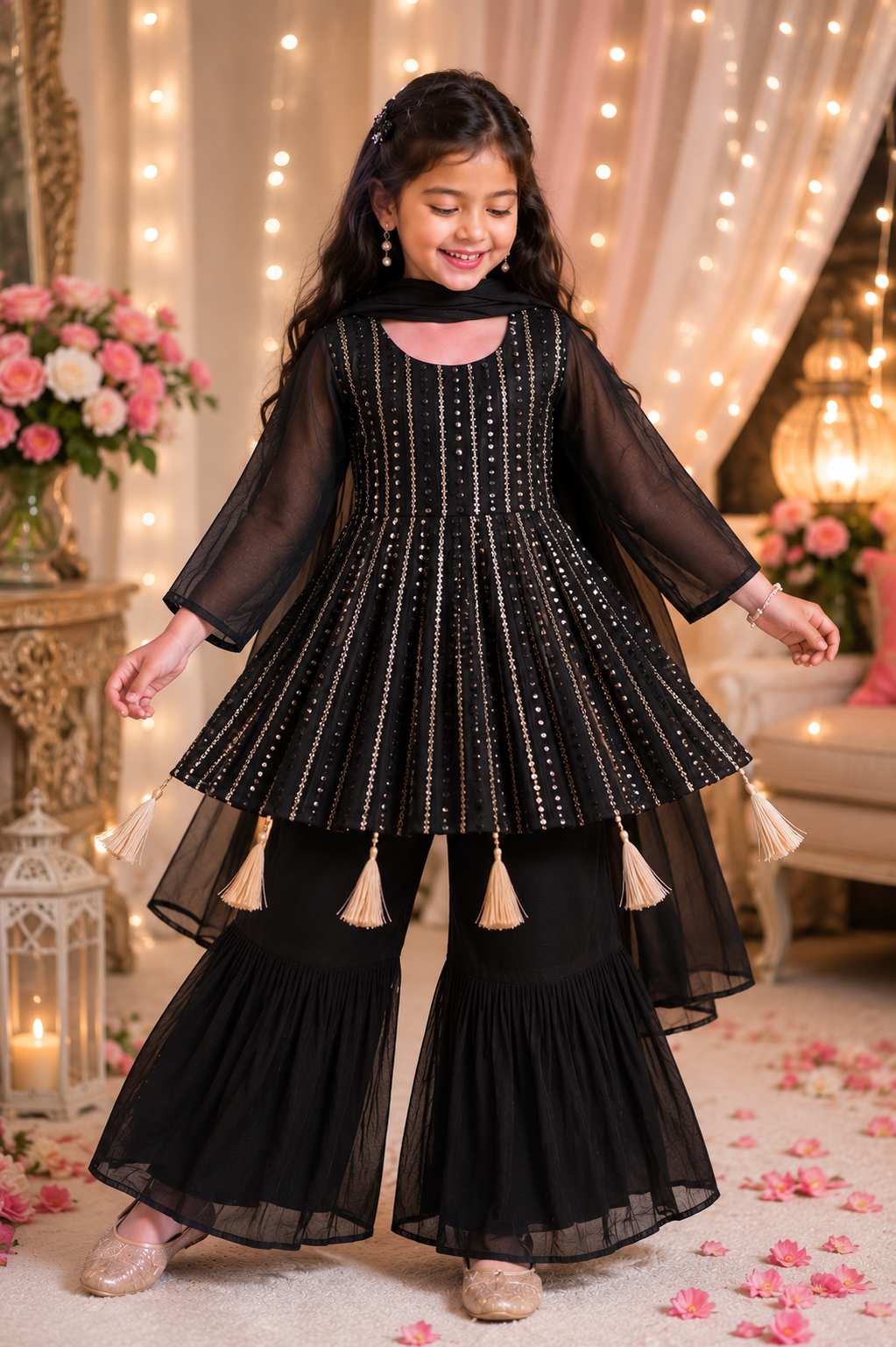 Luxury Girls' Faux Georgette Sharara Set with Mirror Embellishments – The Himalayan Boutique Australia
