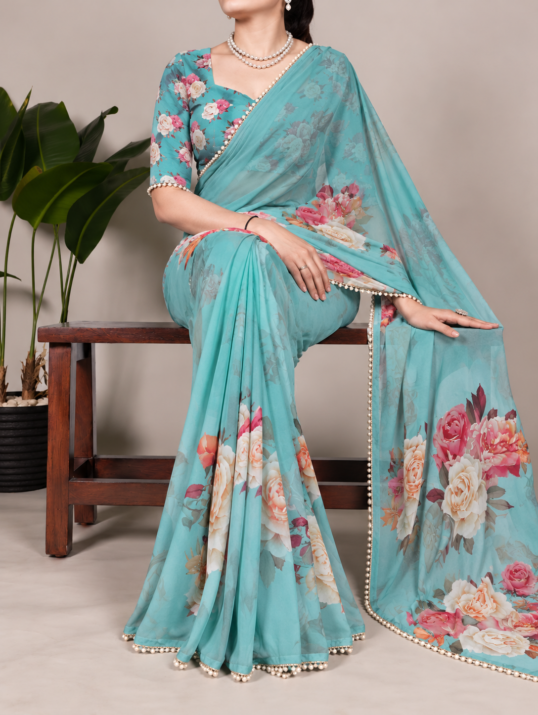 Turquoise Green Floral Georgette Saree with Stitched Blouse