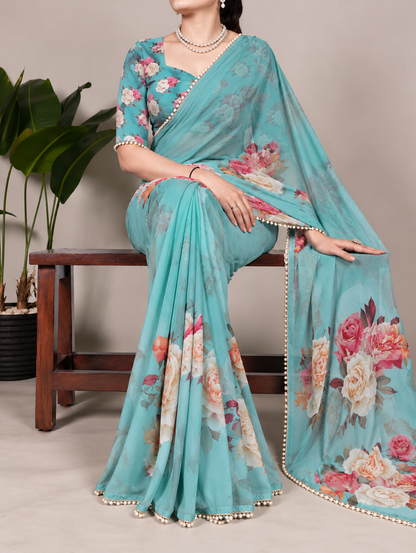 Turquoise Green Floral Georgette Saree with Stitched Blouse