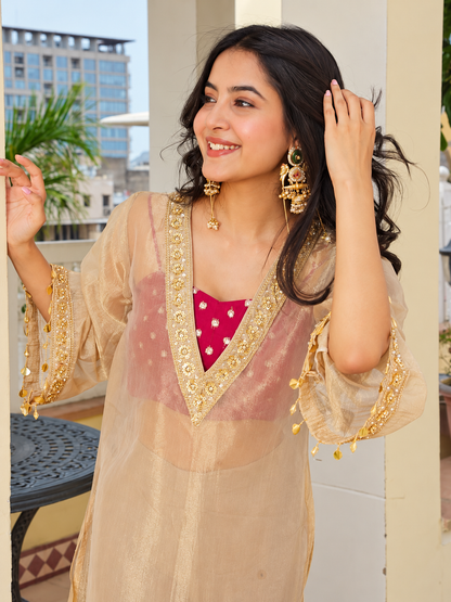 Golden Tissue Embroidered Kurta Palazzo 3-Piece Set
