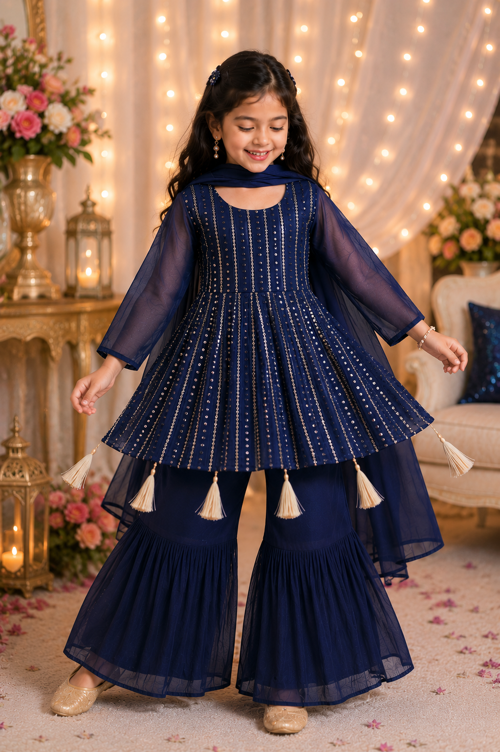 Luxury Girls' Faux Georgette Sharara Set with Mirror Embellishments – The Himalayan Boutique Australia