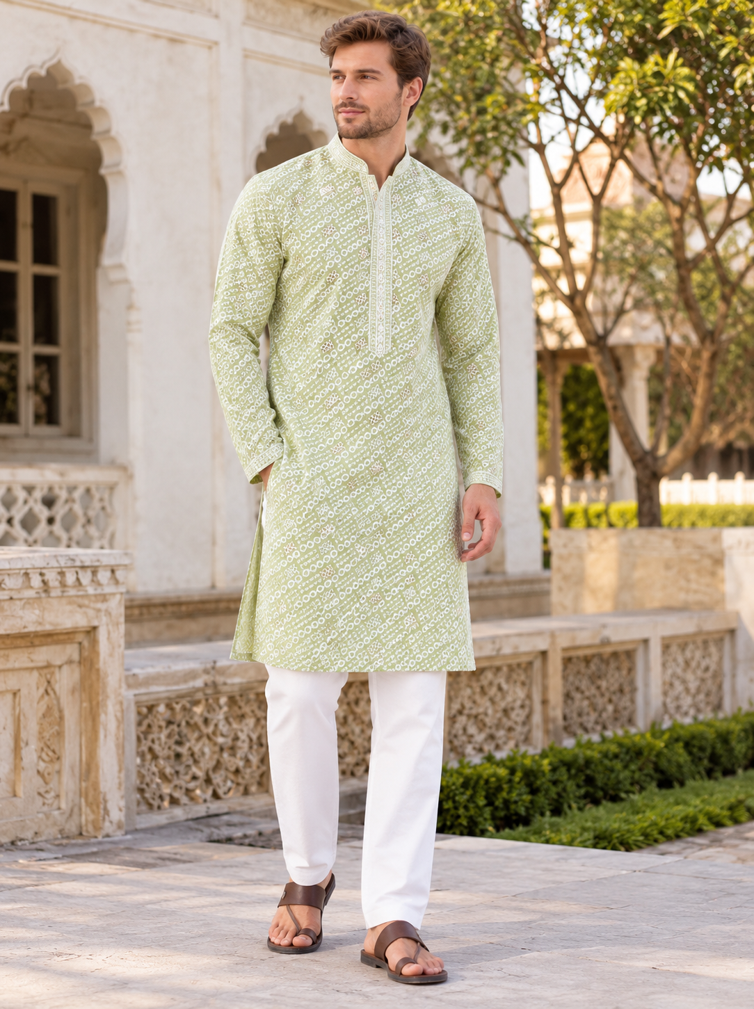 Mint Green Men’s Chikankari Schiffli Kurta Pyjama Set