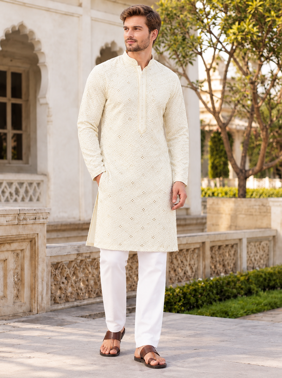 Cream Men’s Chikankari Schiffli Kurta Pyjama Set