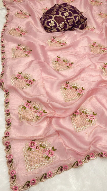 Uma Premium Crush Silk Embroidered Saree Set - Blush Pink