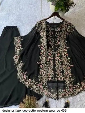 Designer Faux Georgette Kurta Palazzo Set with Embroidered Shrug – Luxury Indo Western Party Wear