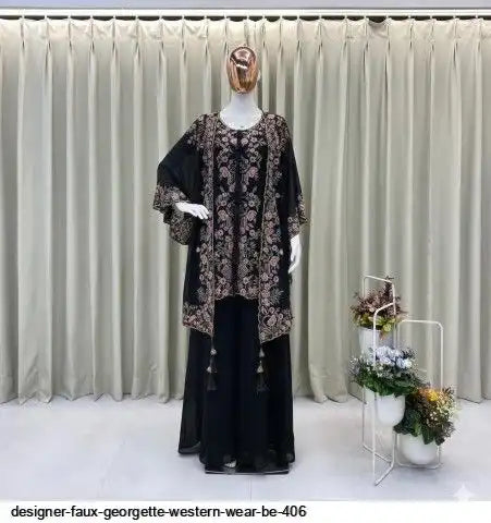 Designer Faux Georgette Kurta Palazzo Set with Embroidered Shrug – Luxury Indo Western Party Wear