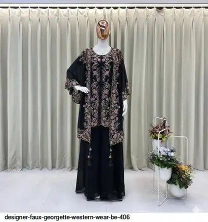 Designer Faux Georgette Kurta Palazzo Set with Embroidered Shrug – Luxury Indo Western Party Wear