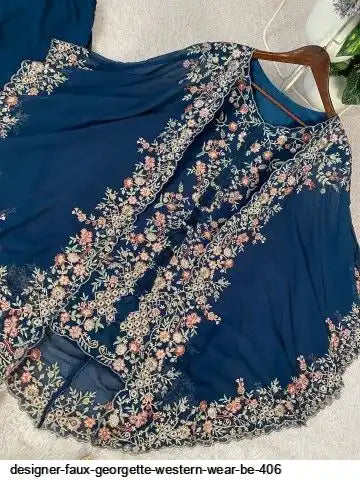 Designer Faux Georgette Kurta Palazzo Set with Embroidered Shrug – Luxury Indo Western Party Wear