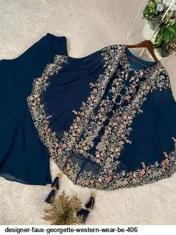 Designer Faux Georgette Kurta Palazzo Set with Embroidered Shrug – Luxury Indo Western Party Wear