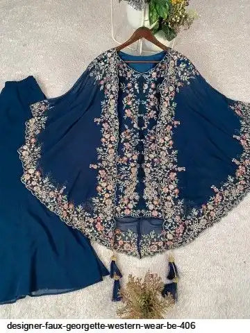 Designer Faux Georgette Kurta Palazzo Set with Embroidered Shrug – Luxury Indo Western Party Wear