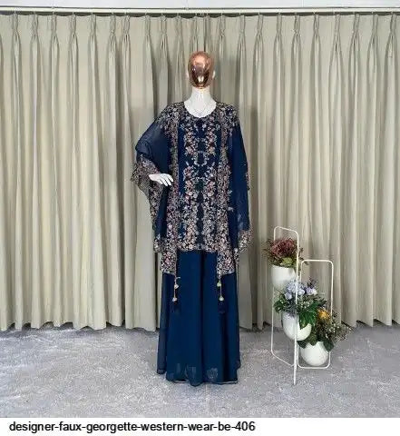 Designer Faux Georgette Kurta Palazzo Set with Embroidered Shrug – Luxury Indo Western Party Wear